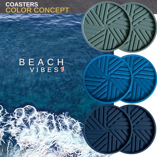 Silicone Coasters Set of 6 - with Holder - Modern Patterns Protecting Your Coffee Table, Navy/Blue - color: Beach Vibes