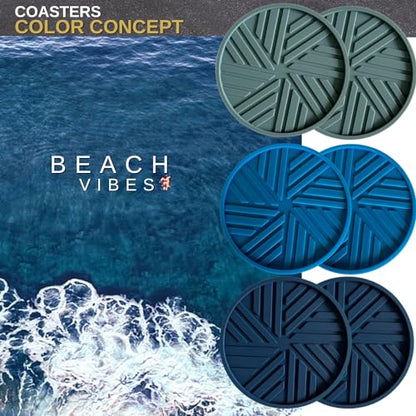 Silicone Coasters Set of 6 - with Holder - Modern Patterns Protecting Your Coffee Table, Navy/Blue - color: Beach Vibes