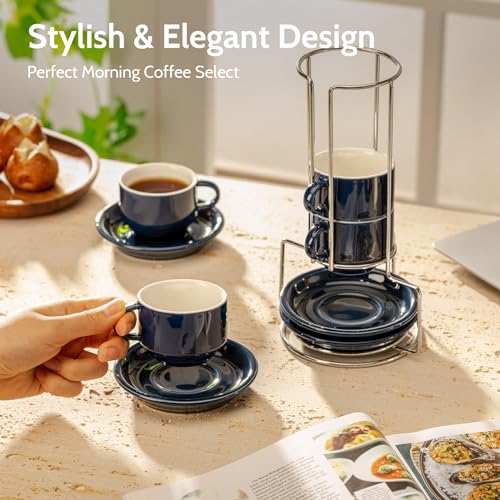 Sweese 4 Ounce Porcelain Stackable Espresso Cups with Saucers and Metal Stand Set of 4, Navy - color: Navy, size: 4 Ounces