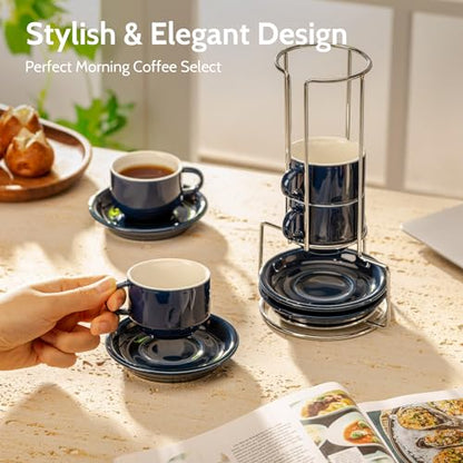Sweese 4 Ounce Porcelain Stackable Espresso Cups with Saucers and Metal Stand Set of 4, Navy - color: Navy, size: 4 Ounces