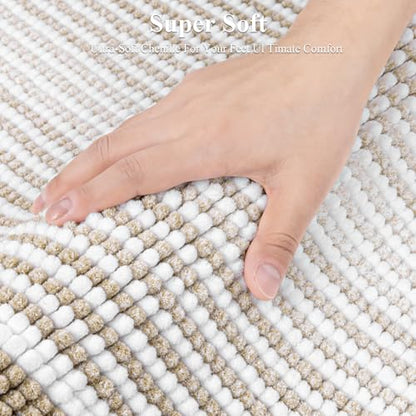 HEBE Chenille Bathroom Rugs Sets 3 Piece, Non Slip Washable Bath Mats Set | Absorbent Bathroom Mat Set, Soft Bath Rugs, Ultra Plush Bath Mat and U-Shaped Contour Toilet Rug Set for Tub Shower, Beige - color: Beige