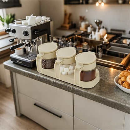 3 Pack Glass Condiment Jars with Lids and Spoons, Airtight Spice Container Set with Silicone Seal Ring, Honey Dippers, Tray, Labels and Wall Mount Adhesive for Kitchen and Coffee Bar, WHITE - color: WHITE