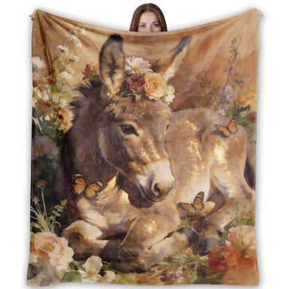 Donkey Throw Blanket 50x60 Inch, Soft Flannel Fleece Blanket for Couch Sofa Bed, Rustic Farmhouse Decor, Donkey Gift for Women Girls Kids