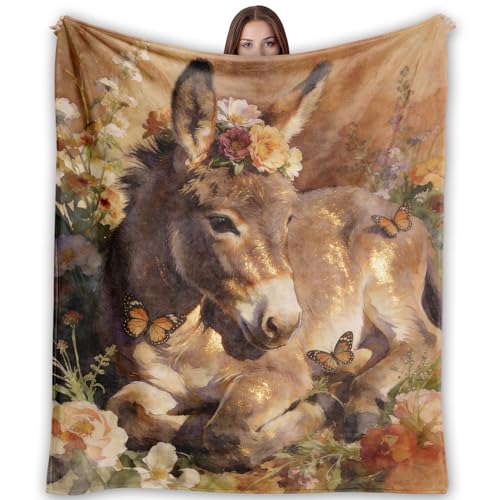 Donkey Throw Blanket 50x60 Inch, Soft Flannel Fleece Blanket for Couch Sofa Bed, Rustic Farmhouse Decor, Donkey Gift for Women Girls Kids