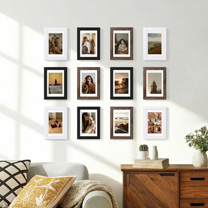 Vittanly 4x6 Picture Frames Set of 12, Wall & Tabletop, Black&Brown&White | Display Pictures 3.5x5 with Mat or 4x6 without Mat, Small Photo Frames, Engineered Wood with Shatter Resistant Plexiglass - color: Black&Brown&White, size: 4x6