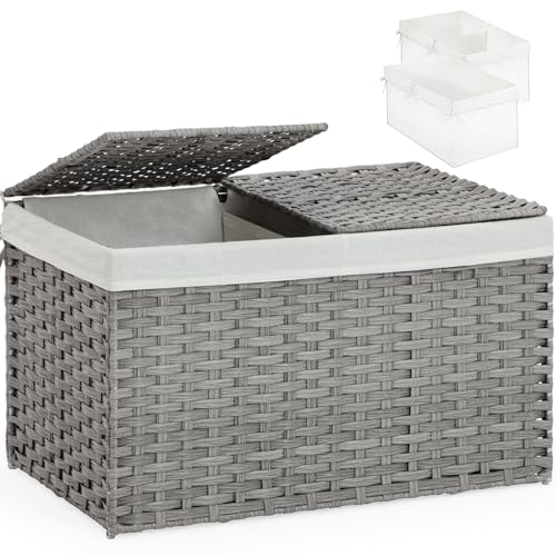 SETVSON Storage Basket with Lid, PE Rattan Woven Storage Bin, Gray | Dual Lid Blanket & Clothes Organizer, Divided Storage Bin, 2 Washable Liner Bags, Collapsible PE Rattan Trunk - color: Gray, size: 65L-22L*13W*13.8H