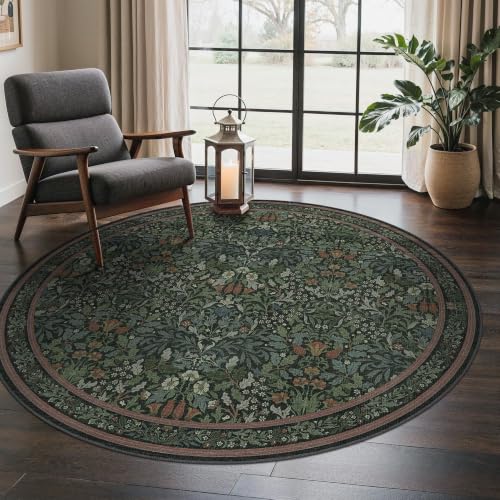 GENIMO 5 Ft Washable Round Rug for Bedroom, Non Slip, Dark Green | Vintage Boho Floral Low Pile Thin Circle Mat for Bedroom, Kitchen, Nursery, Dining Area - color: Dark Green, size: 5' (Round)