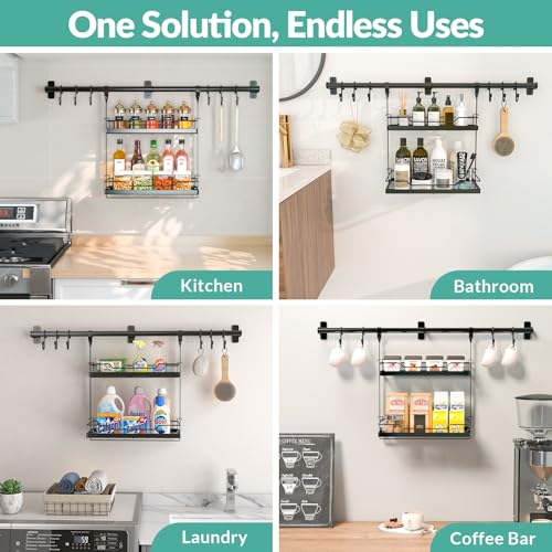NADAMOO Spice Rack Wall Mount, 2-Tier Storage Shelf with Utensil Hanger | Adjustable Shelf & Hooks, Holds 40 lbs, Black Metal Vertical Storage Organizer Fits Kitchen Bathroom Laundry Coffee Bar