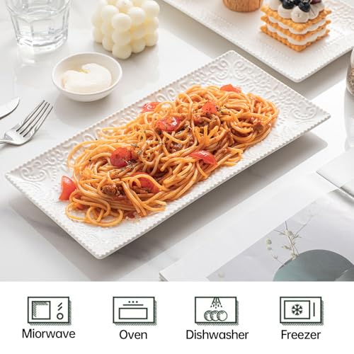 Rectangular Embossed Serving Platter Set, 12 Inch Large Serving Plates, Stackable Serving Tray for Wedding, Ceramic White Serving Platters for Entertaining, Dishwasher & Oven Safe (4PCS)