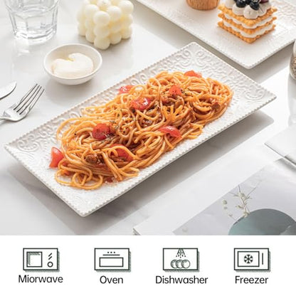 Rectangular Embossed Serving Platter Set, 12 Inch Large Serving Plates, Stackable Serving Tray for Wedding, Ceramic White Serving Platters for Entertaining, Dishwasher & Oven Safe (4PCS)