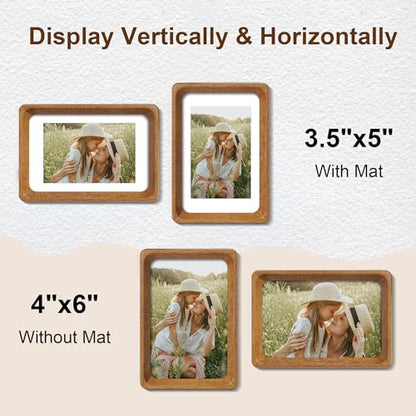 4x6 Picture Frame Set of 2, Natural Teak Wood Solid Wood 4 by 6 Photo Frames with 3.5x5 Mat with Real Glass for Wall and Tabletop Display - color: Natural Teak, size: 4x6-2Pack
