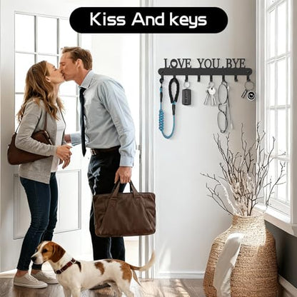 Key Holder for Wall - 'Love You Bye' Key Hooks, Black, 6 Hooks | Key Holder Wall Mount Self Adhesive, Key Rack Wall Mount for Wall No Drill for Living Room, Kitchen, Bathroom, Garage - color: Love You Bye' Black 2p