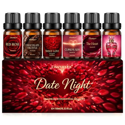 Date Night Essential Oils Set for Diffusers for Home 6 x 10 ml | Red Rose,Chocolate Truffle,Sweet Love,Love Potion,Cupid's Kiss & The Heart – for Diffuser,Candle,Soap Making - color: Red