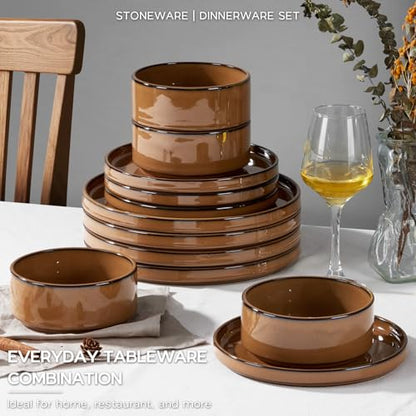 Onader Stoneware Dinnerware Sets for 4, Plates and Bowls with Unglazed Terracotta Bottom, Elegant Kitchen Ceramic Dish Dishware Set, Reactive Glaze 12 Piece - Earthy Umber - color: Earthy Umber