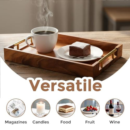 Wooden Serving Tray with Gold Metal Handles, 11.8" x 7.87" Rectangular | For Coffee Table, For Food, For Drinks, For Decor