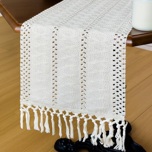 Macrame Table Runner Cream Beige Boho Table Runners with Tassels 90 Inches Long, Rustic Farmhouse Table Runners for Bohemian Kitchen Dining Table(12x90in, Fringe Included) - color: Cream Beige, size: 12"x90"