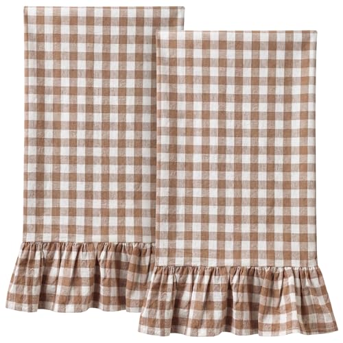 HunnmingRe Taupe Kitchen Towels Set of 2, 100% Cotton Ruffled Gingham Dish Towels 18"x28" Tea Cloths Classic Plaid Pattern for Farmhouse Charm, Drying Dishes, Entertaining Guests - color: Taupe, style: Gingham