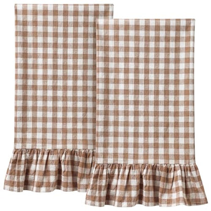 HunnmingRe Taupe Kitchen Towels Set of 2, 100% Cotton Ruffled Gingham Dish Towels 18"x28" Tea Cloths Classic Plaid Pattern for Farmhouse Charm, Drying Dishes, Entertaining Guests - color: Taupe, style: Gingham
