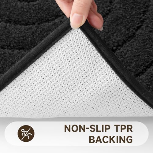 Pauwer Bathroom Rugs Sets 5 Piece, Absorbent Non Slip Bath Mat Set, Black | Machine Washable, Microfiber Plush, Quick Dry Runner, U Shaped Contour Toilet Rugs, Shower Mats and Toilet Lid Cover - color: Black