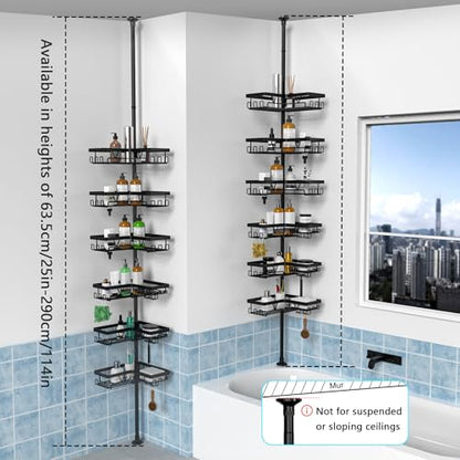 KEGII Corner Shower Caddy Tension Pole, 6-Tier Bathroom Organizer, Black | Floor to Ceiling Design with Rustproof Waterproof Finish, Adjustable 25-114.2 inch Pole for Shampoo, Towels and Essentials