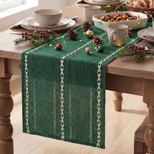 Artoid Mode Green Rustic Cotton Linen Christmas Table Runner, Seasonal Embroidered Hollow Kitchen Dining Table Decoration for Home Party Decor 13x36 Inch - color: Green, size: 13" x 36"
