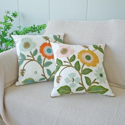 vctops Floral Embroidered Pillow Covers 18x18 Inch Spring Summer Cotton Tufted Throw Pillow Cover Outdoor Garden Cushion Case for Sofa, Bed, Living Room (Flower F,18"x18") - color: Flower F