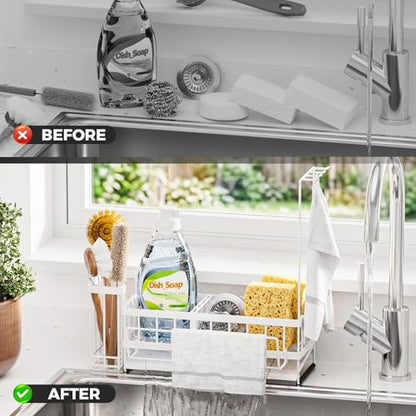 Kitchen Sink Organizer, Stainless Steel Sponge Holder, White | Rust-Resistant Steel, Detachable Draining Board, Compartment Divider, Brush Holder & Towel Bar, Ideal for Kitchen Storage - color: White