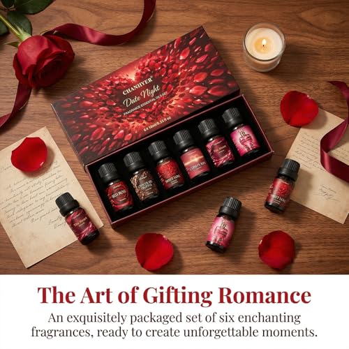 Date Night Essential Oils Set for Diffusers for Home 6 x 10 ml | Red Rose,Chocolate Truffle,Sweet Love,Love Potion,Cupid's Kiss & The Heart – for Diffuser,Candle,Soap Making - color: Red