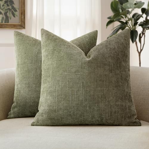 MIULEE Textured Chenille Throw Pillow Covers 18x18 Inch Olive Green | Pack of 2 Decorative Soft Throw Pillows, Solid Textured Cushion Covers, Modern Home Decor for Couch Sofa Bedroom Living Room - color: Olive Green, size: 18" x 18" (Pack of 2)