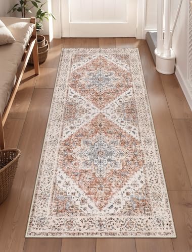 Ciicool 2x5ft Runner Rug,Small Throw Runners for Hallway Kitchen Entryway | Washable Boho Indoor Vintage Non-Slip Oriental Soft Foldable Carpet for Entryway Bathroom Laundry Living Room Dining Room - color: Vintage Cream/Brick, size: 2' x 5' (Runner)