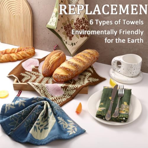 6 Pack Boho Floral Kitchen Dish Towels 100% Cotton Thick 4 Layer | Absorbent Cleaning Cloths Double Sided Quick Drying Reusable Hand Towels with Hanging Loop for Kitchen Drying