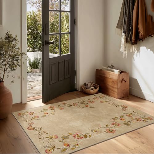 2x3 Washable Small Entryway Rug: Door Mat Indoor Entrance Stain Resistant Non Slip Rubber Backed Low Pile Soft Throw Area Rugs for Bedroom Kitchen Front Door Indoor Entrance Foyer Entry - color: Edge Floral Brown, size: 2' x 3' (Rectangular)