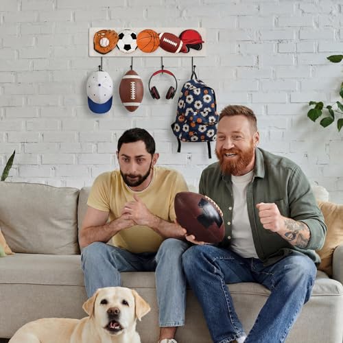 Wood Sports Coat Rack with 4 Hooks Basketball Baseball Football Soccer Wall Mounted Coat Hooks Decor Ball Sports Theme for Home Entryway Playroom Hats Keys Towels - style: Ball Theme