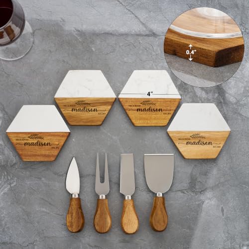 AWESOMETIK Luxury Personalized Acacia Wood & Marble Cheese Board – Custom Engraved Charcuterie Board with Knife Set – Bridal Shower & Housewarming Gift