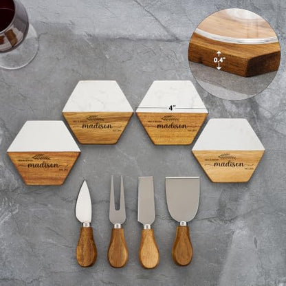 AWESOMETIK Luxury Personalized Acacia Wood & Marble Cheese Board – Custom Engraved Charcuterie Board with Knife Set – Bridal Shower & Housewarming Gift