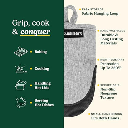 Cuisinart Mini Oven Mitts, 2-Pack, Neoprene Grip, Heat Resistant 350F | Cotton-lined, non-slip neoprene palm, ambidextrous design, ideal for smaller hands and everyday cooking - color: Light Gray