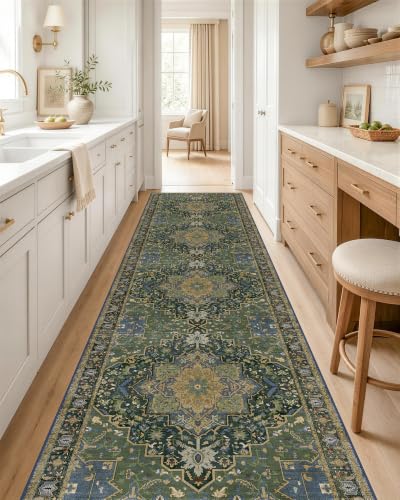 OLANLY 2x10 Washable Runner Rug, Soft Non Slip Carpet for Hallway Kitchen | Dark Green Boho Vintage Floral Medallion Farmhouse Rug Spill & Stain Resistant Low Pile for Entryway Laundry Mudroom Corridor - color: Dark Green, size: 2' x 10' (Runner)