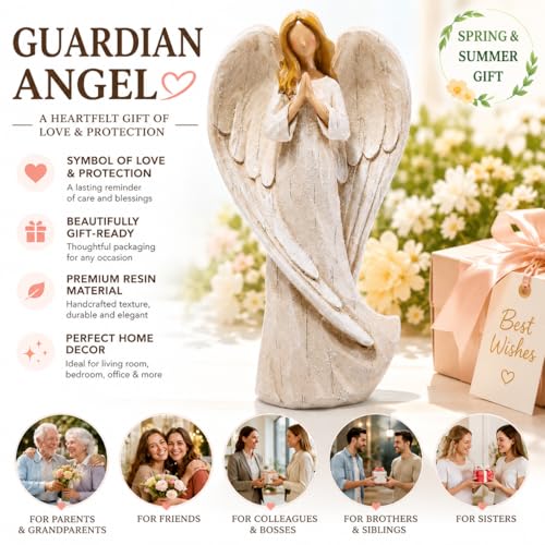 Hodao Praying Angel Figurine Resin Guardian Angel Statue for Home Decor, Elegant White Blessing Sculpture for Shelf Table Mantel, Keepsake Gift for Mom, Women and Family - style: praying