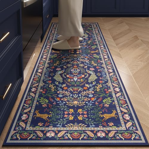 Rugcomf Runner Rug Washable Kitchen Runner 2'6''x8' Runner Rug for Entryway Indoor Floral Non-Slip Soft Carpet Runner for Hallways, Kitchen, Laundry, Bedroom, Bathroom(Blue) - color: Blue, size: 2'7" x 8' (Rectangular)