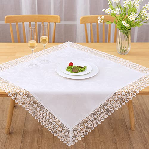 Lace Tablecloth Waterproof Fabric Washable Off White 33x33inch | Elegant Decor AntiShrink Soft Wrinkle Resistant Decorative Fabric Dining Home Holiday Party Kitchen Outdoor Indoor Home Décor - color: Florrie-white, size: 33" x 33" (Square)