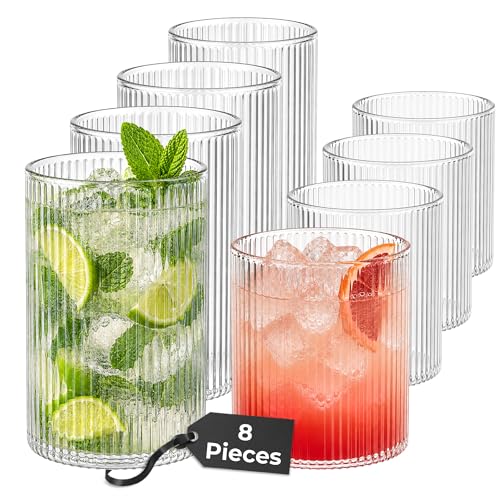 MIAMIO - Drinking Glasses Set of 8 / Water Glasses (9.5 oz) - Senita | Glass drinkware for water, juice, matcha and cocktails, drinking glass set for everyday use at home - dishwasher safe