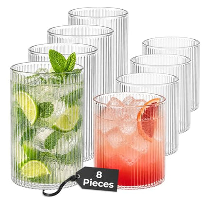 MIAMIO - Drinking Glasses Set of 8 / Water Glasses (9.5 oz) - Senita | Glass drinkware for water, juice, matcha and cocktails, drinking glass set for everyday use at home - dishwasher safe
