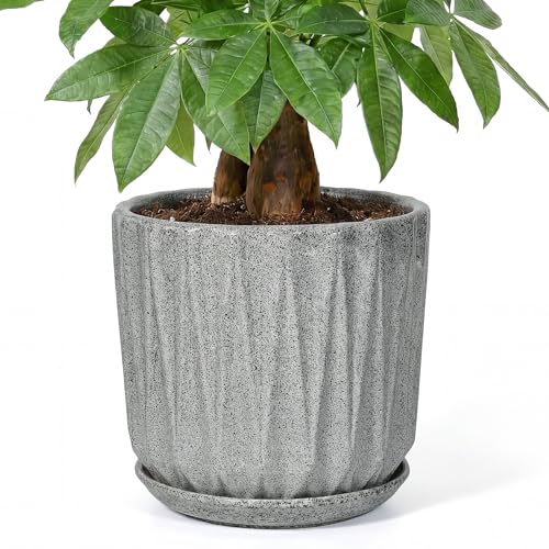 10 Inch Ceramic Planter Pot with Saucer Drainage Leak-Proof Mesh,Flower Pots for Indoor Plants with Gardening Gloves,Ceramic Planter(Stone Grey) - color: Stone Grey, size: 10 Inch