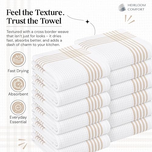 Beige and White Waffle Kitchen Towels 12 Pack, 100% Cotton, 16x26 Inch, Ultra Absorbent, Fast Dry Dish Towels, Reusable Dishcloths for Drying, Cleaning, Kitchen Use - color: Beige, White, style: 12 Pack