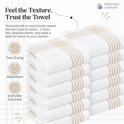 Beige and White Waffle Kitchen Towels 12 Pack, 100% Cotton, 16x26 Inch, Ultra Absorbent, Fast Dry Dish Towels, Reusable Dishcloths for Drying, Cleaning, Kitchen Use - color: Beige, White, style: 12 Pack