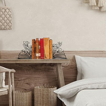 Metal Flower & Book Design Decorative Bookends – Cute Bookends for Shelves | Fun Reading Room Decor for Book Lovers, Black