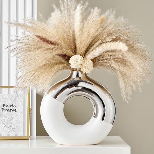 FJS White and Silver Decorative Vase, Round Centerpiece for Table Decor | Ceramic White Gold Vase for Pampas Grass, 10" L x 10" H Round Centerpiece for Living Room Decor, Coffee Table, Shelf Decor - color: White & Silver, size: Super Large(10"L×10"H)
