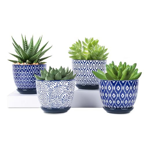 Selamica Ceramic Plant Pots, 4.6 Inch Flower Pots for Indoor Plants, Succulent Pots with Drainage Hole & Saucer, Succulent Planters for Succulent Cactus, Home Decor, Set of 4, Vintage Blue - color: Vintage Blue, size: 4.6 Inch, Set of 4