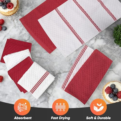 Oven Mitts Kitchen Towels and Dishcloths with Pot Holders Sets, Oven Gloves Hot Pads 500°F Heat Resistant with Silicone Grip, Include 2 Cooking Gloves/2 Potholders/4 Kitchen Towels/4 Dish Towels-Red - color: Red