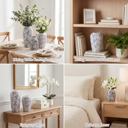 LemonRoad 3 Pack Chinoiserie Vases Porcelain Blue and White Vases for Flowers Pottery Chinoiserie Ceramic Vase for Living Room Mother's Day Decor Table Centerpiece, 6.9", 8.7", 11.8"(Rustic) - style: Rustic